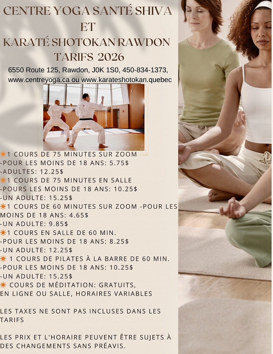 Tarification 2026 au Centre Yoga Santé Shiva