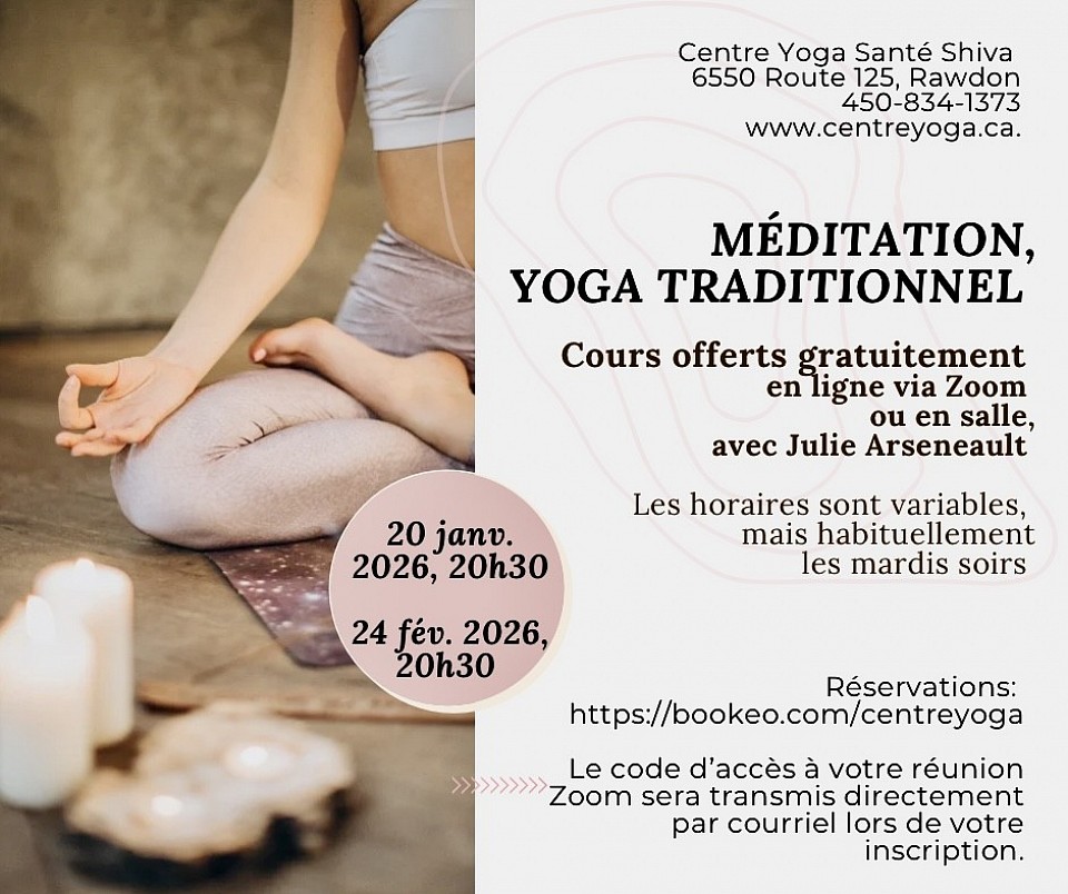 Méditation, cours offerts gratuitement, Centre Yoga Santé Shiva