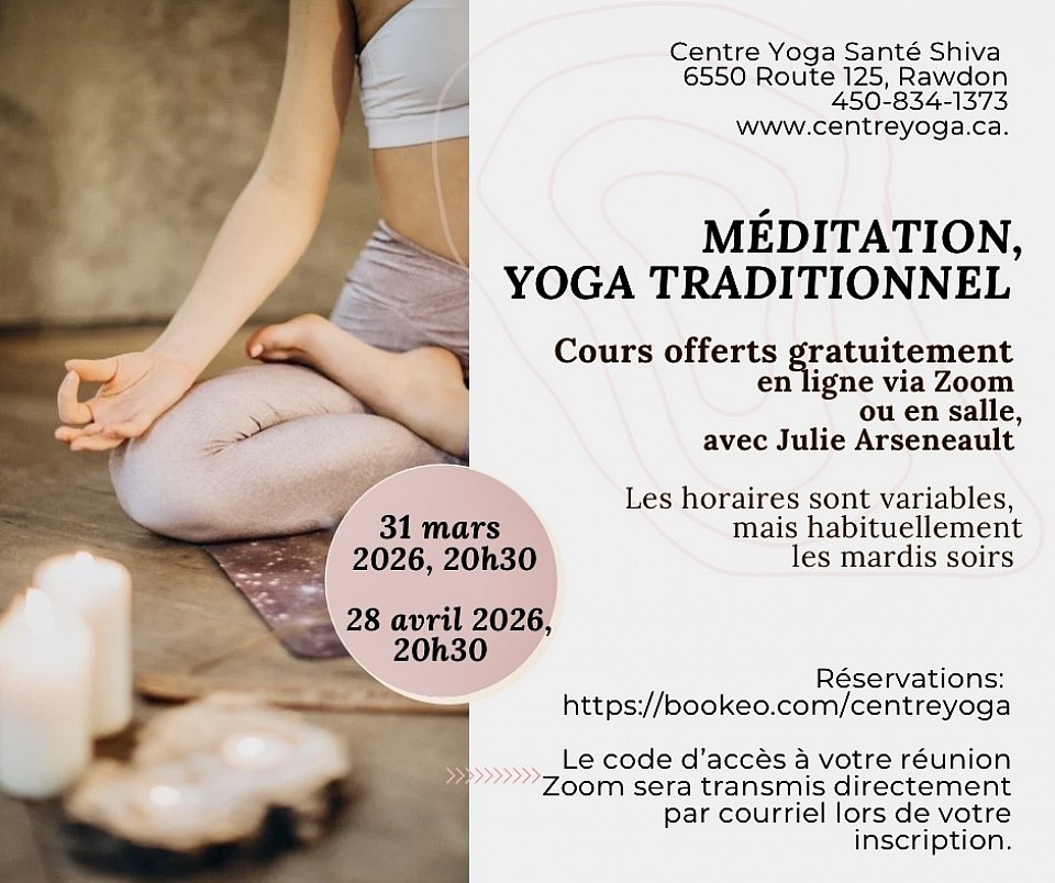 Méditation, cours offerts gratuitement, Centre Yoga Santé Shiva